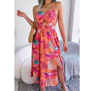 Botanical print tied backless maxi dress